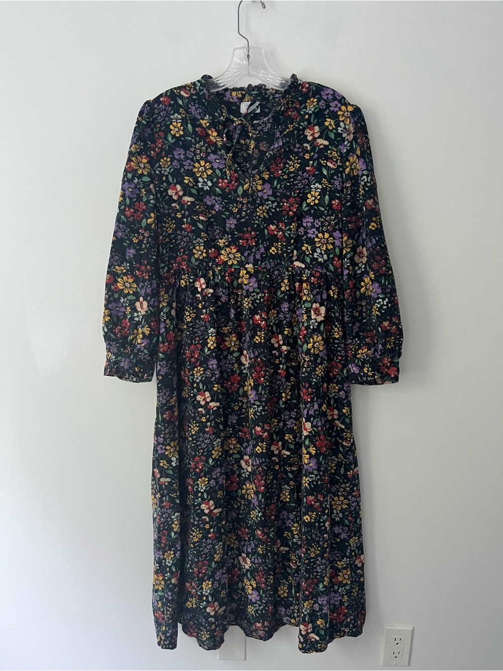 Pink City Prints Tuckernuck Black Floral Corduroy Midi Cottage Peasant Dress M